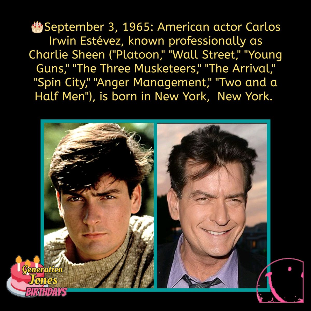 🎂September 3, 1965:
#charliesheen #tvhistory #moviehistory #platoon #wallstreet #threeandahalfmen #borninthe60s #whoisgenerationjones #generationjones #history #bornonthisday #borntoday #happybirthday