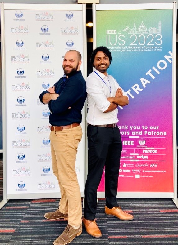 PhD students <a href="/VinoinV/">Vinoin Devpaul Vincely</a> and Andrew Merkel present their work at #IUS2023!