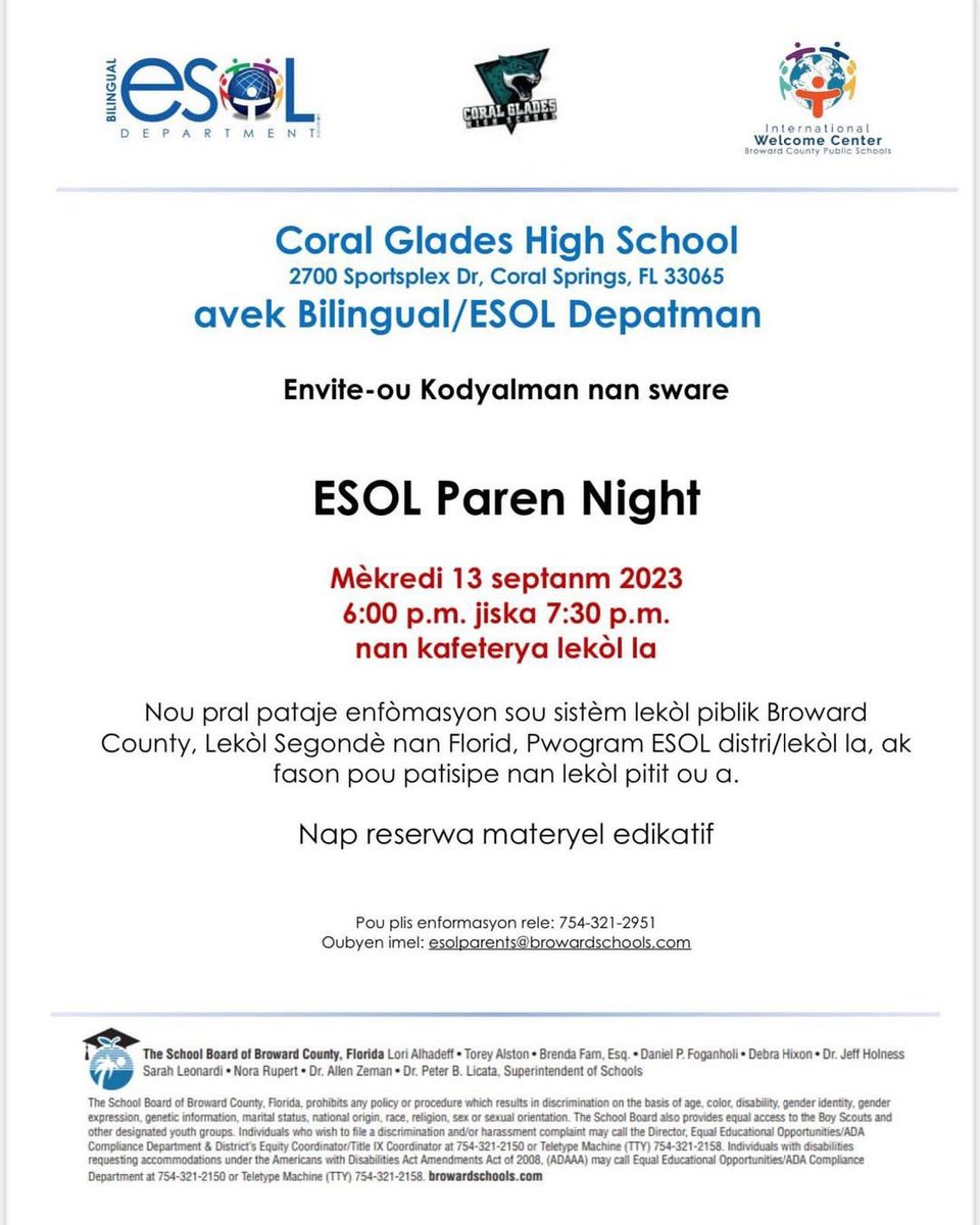 Join us for ESOL Parent Night, 09/13 from 6:00-7:30. The event will be in Spanish, Portuguese, and Haitian Creole. All are welcome! 🐆🐾
#ClosingTheGap #Every1Counts #EmpoweringJagParents #EmpoweringJagScholars
