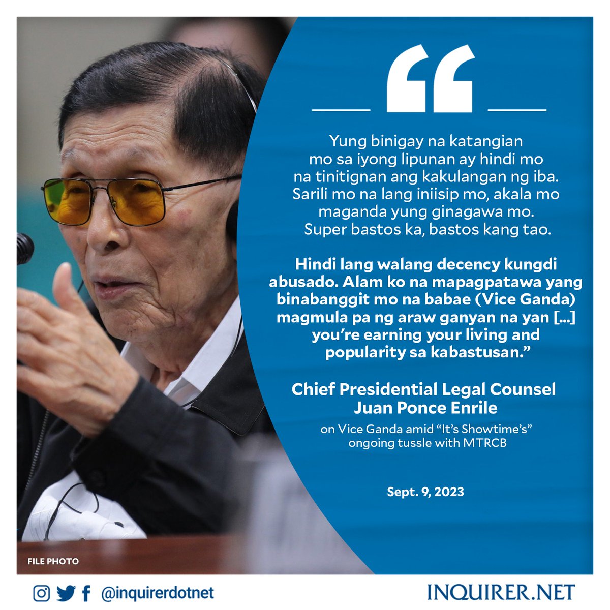 inquirerdotnet's tweet photo. ‘SUPER BASTOS KA, BASTOS KANG TAO’

Chief Presidential Legal Counsel Juan Ponce Enrile called Vice Ganda “salacious” and indecent amid “It’s Showtime’s” ongoing tussle with the MTRCB.

READ: https://t.co/Tz0fAuVY7n https://t.co/NhtNvoplCT
