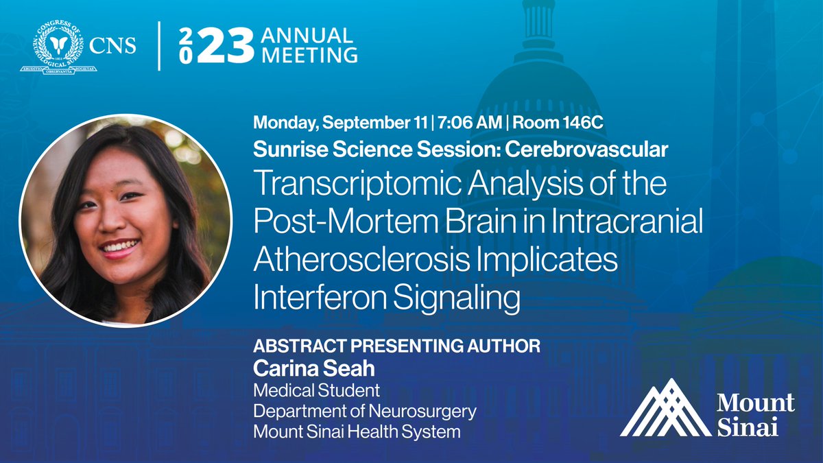 ⏰Set your alarm for the #2023CNS Sunrise Sessions! #Neurosurgery med student <a href="/CarinaSeah/">Carina Seah, PhD</a> will present her Cerebrovascular research on the transcriptomic analysis of the post-mortem brain in intracranial atherosclerosis implicates interferon signaling! <a href="/CNS_Update/">CNS</a> #ICAS #stroke