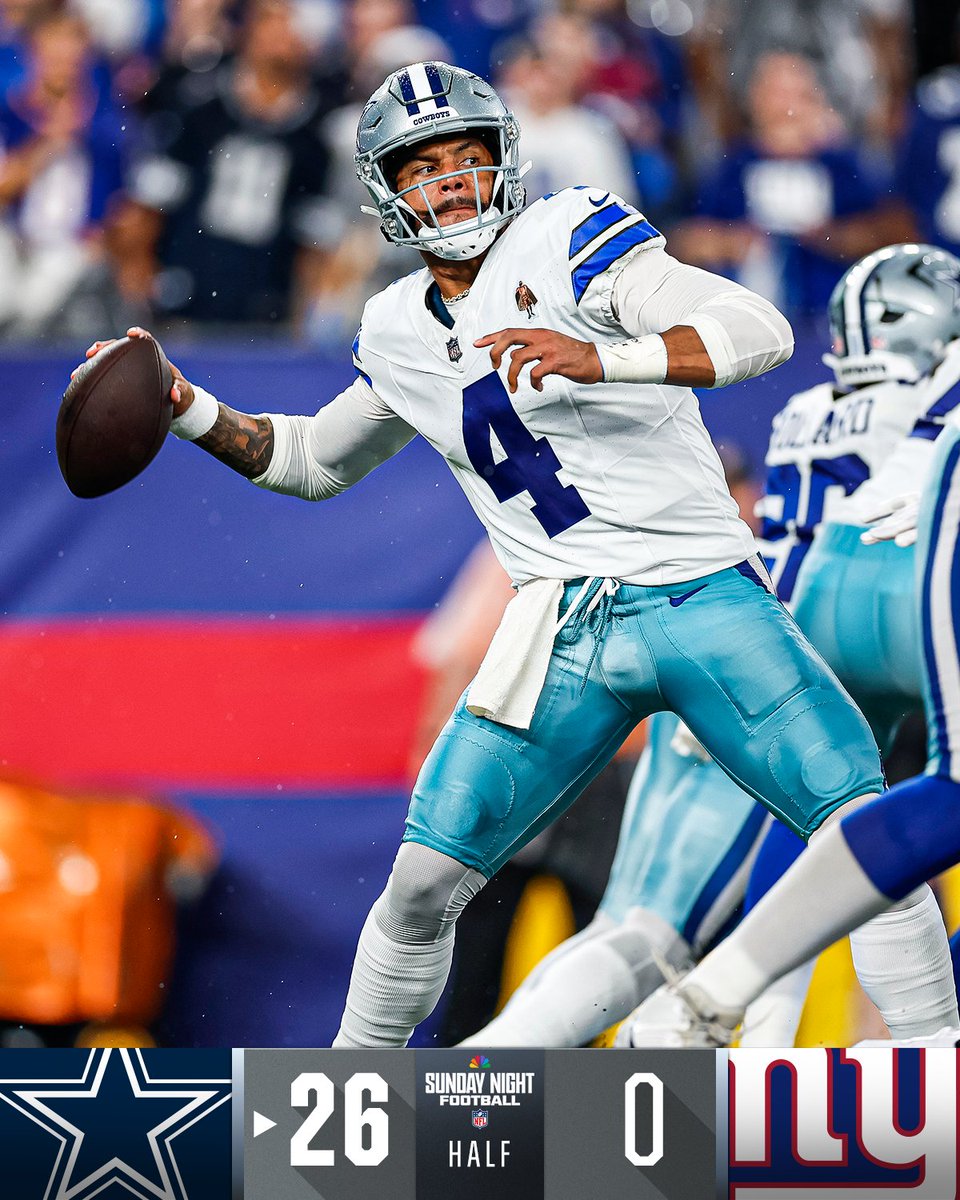 Cowboys lead 26-0 at halftime of Sunday Night Football.

📺: #DALvsNYG on NBC
📱: Stream on #NFLPlus bit.ly/3LDAy19