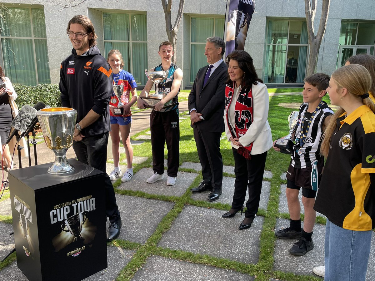The <a href="/AFL/">AFL</a> premiership cup is in Canberra at <a href="/ParlHouseCBR/">Parliament House Canberra</a> this morning with <a href="/GWSGIANTS/">GWS GIANTS</a> legend Phil Davis, with <a href="/RichardMarlesMP/">Richard Marles</a> <a href="/SenatorHume/">Jane Hume</a> and local players from <a href="/QbeyanTigers/">Queanbeyan Tigers</a> <a href="/BelconnenFC/">Belconnen Magpies</a> &amp; Tuggeranong Valley 🏉#AFL