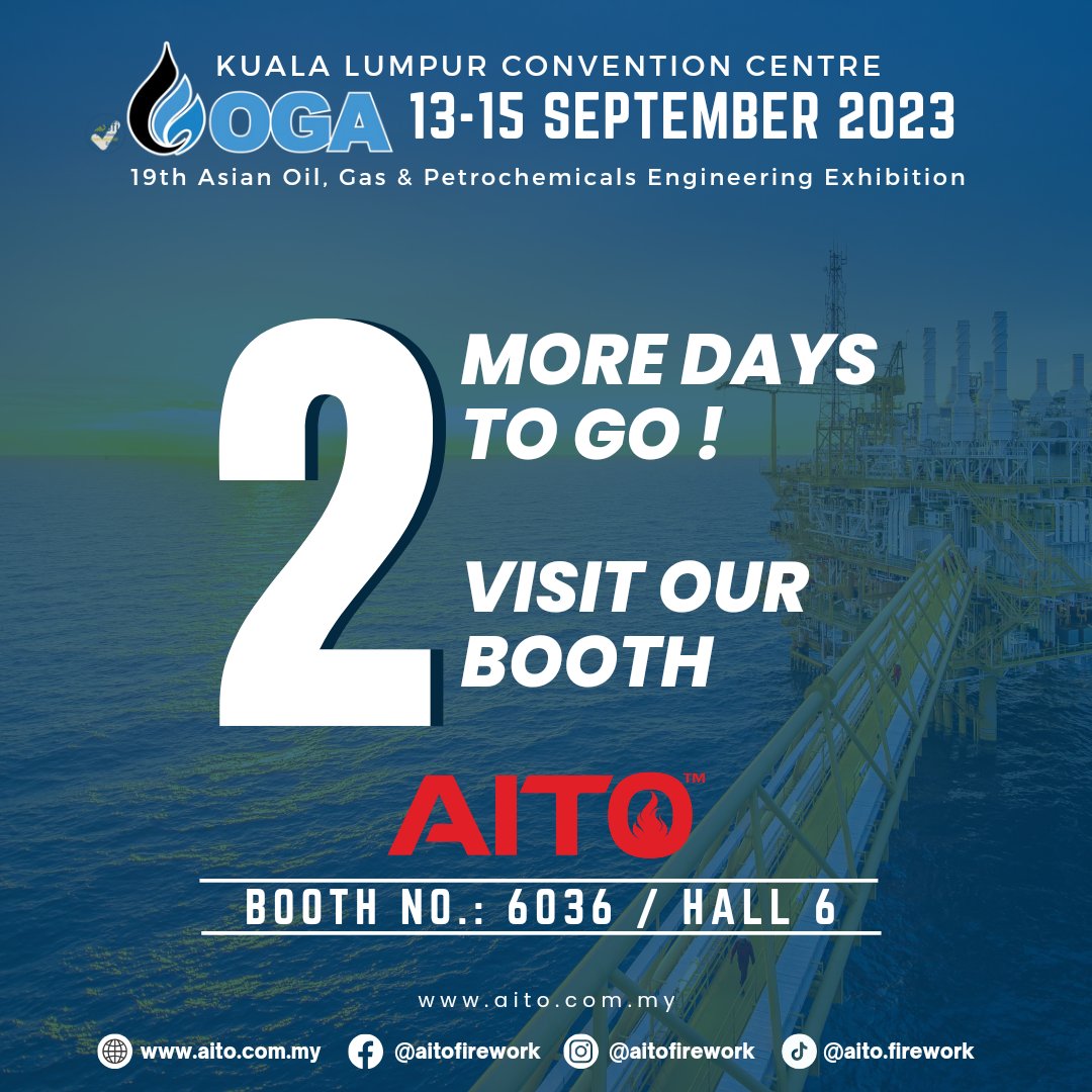 AitoFirework's tweet photo. Countdown alert! 🔥🚒 Just 2 days to go until OGA 2023 ignites! 🔥🌟 Don't miss your chance to join us at Booth No. 6036 in Kuala Lumpur Convention Centre on September 13th-15th for the latest in fire safety innovations. See you there! 🗓️🔥🏢 

#OGAMalaysia https://t.co/17zQ2f6qC6