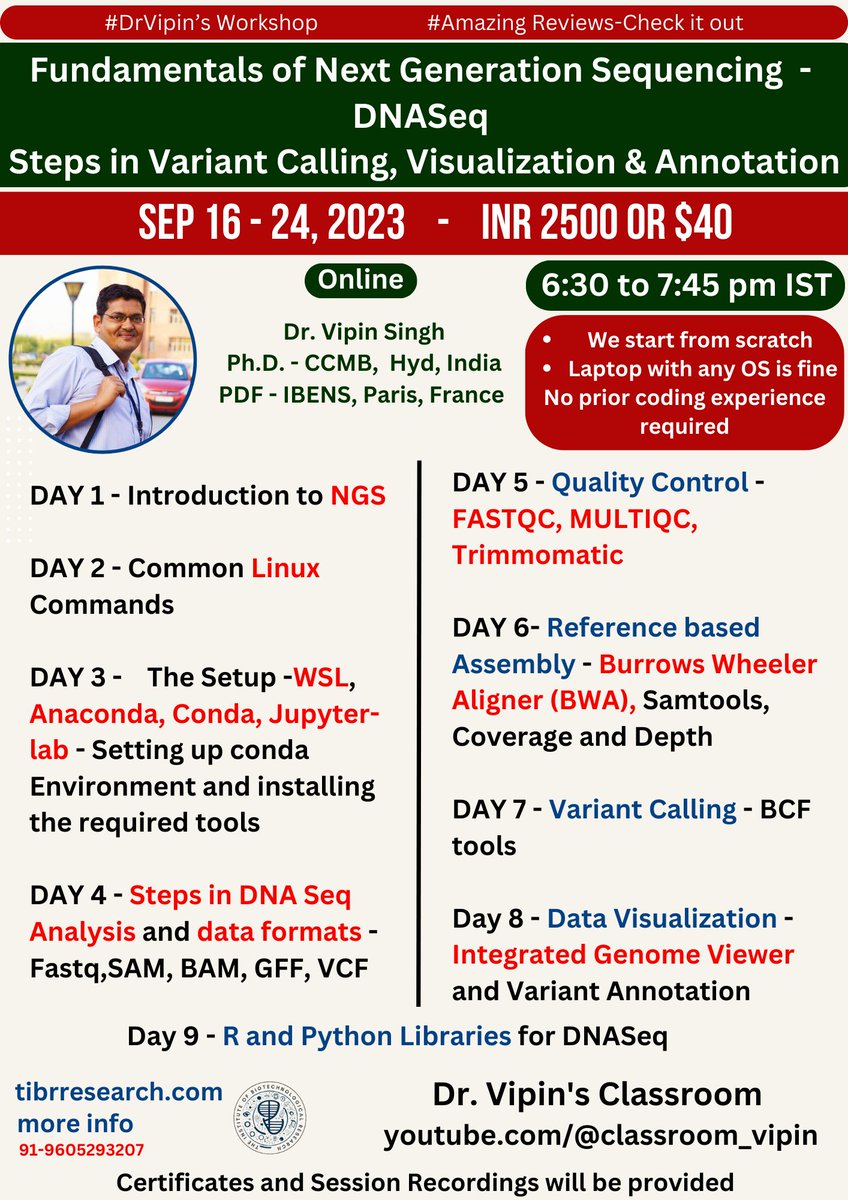 dr_vipin_singh's tweet image. #NGS_DNASeq #DrVipinsWorkshop #Biologists_Must_Code
Register here - lnkd.in/daXyJRvc
Check out our amazing feedback from USA, UK, Spain, Portugal, Africa,Canada, Iraq and of course Bharat (India) - Be a part of the most happening online classroom