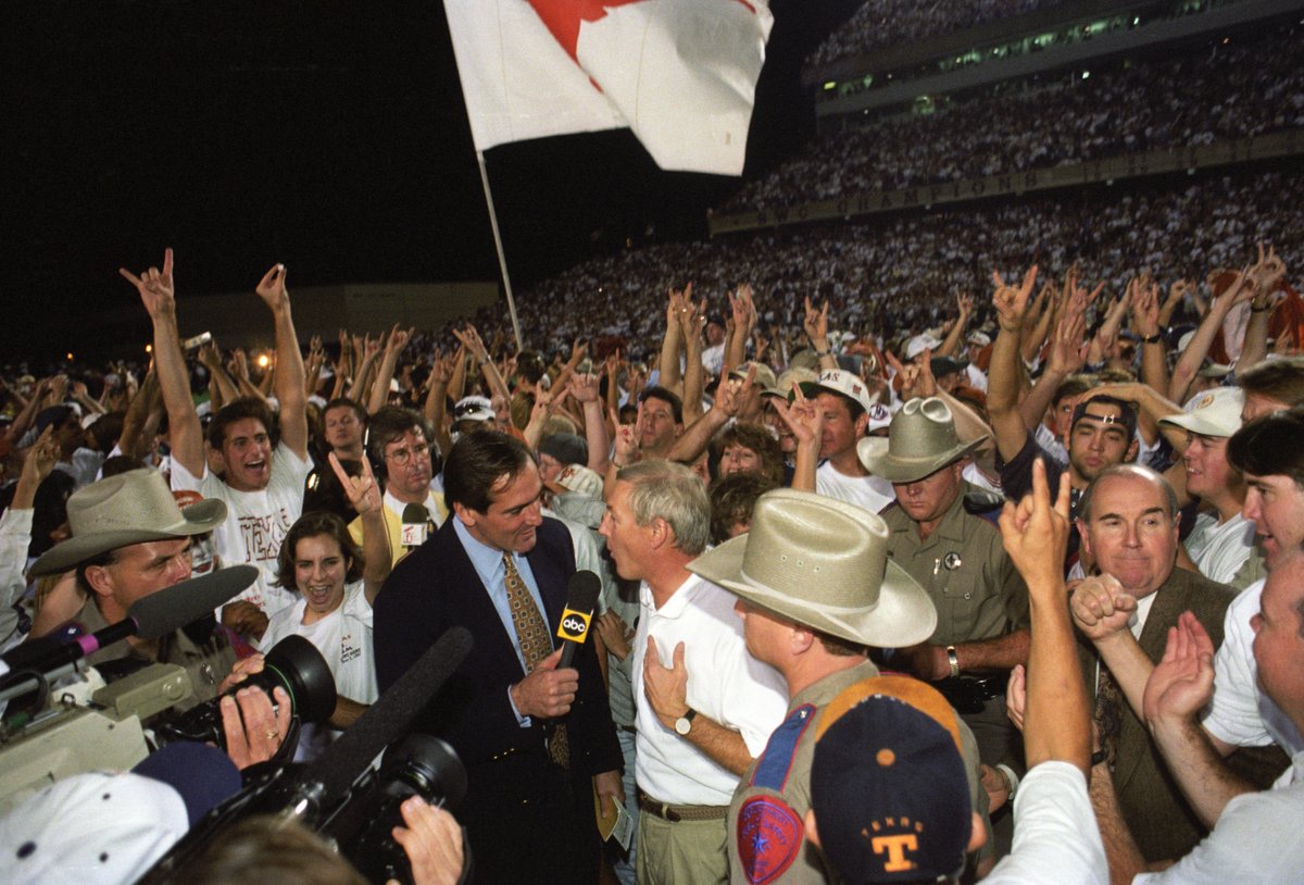 UT_Bianco's tweet photo. Since last night's historic win at Alabama, been thinking of the epic road games I've witnessed at Texas and the home winning streaks they took down. Nebraska's 47-straight in '98, Texas A&amp;M's 31 in-a-row in '95 and the '05 win at Ohio State that ended a 19-gamer. I love my job🤘🏻 https://t.co/wxOUVer5VH