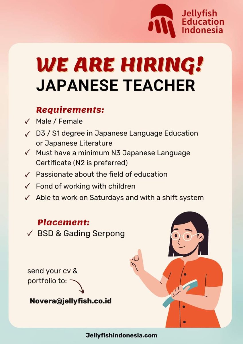 Jellyfish_INA's tweet photo. Ohayougozaimasu Mina-san! PT Jellyfish Education Indonesia is currently in need of a Japanese Teacher.

If you meet the qualifications and are interested in joining our team, please send your resume &amp; cover letter to the following email address.

Thank you!
 
@hrdbacot
 #lokercot https://t.co/t2BwWJaBxh