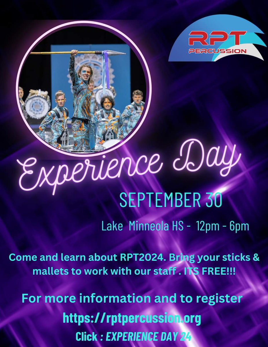 Almost time to kick off Year #16.  Experience Day is a great way to meet and work with our staff , what is happening in the upcoming season and more. And it is FREE !! Registration at rptpercussion.org