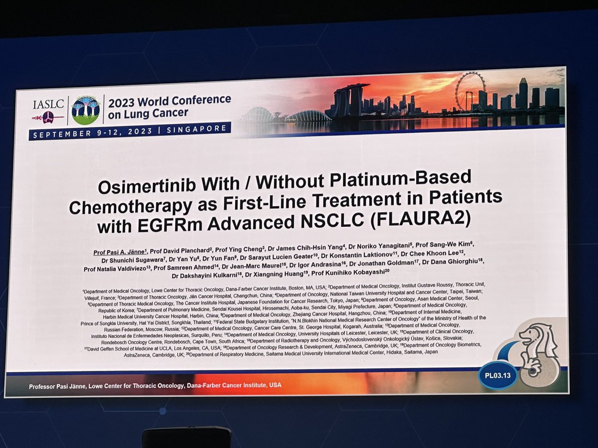 JorgeAlatorreA1's tweet photo. FLAURA2 dem that combination of osi + Chemo is better than chemo alone and tolerable!! Amazing results for our EGFR pts!!#WCLC2023 @IASLC PFS 29.9 vs 19.9 mo by BICR. Exon 19 (27.9 mo ) &amp; L858R (24.7 mo). Practice changing!! Congrat to the researchers!! https://t.co/xjtW8vuABT