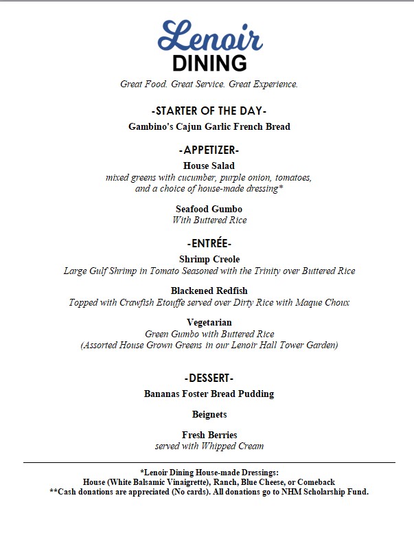 Come celebrate our win over Tulane with our Cajun/Creole inspired menu!  Reservations available on Tuesday and Wednesday at 11:30 and 12:30!