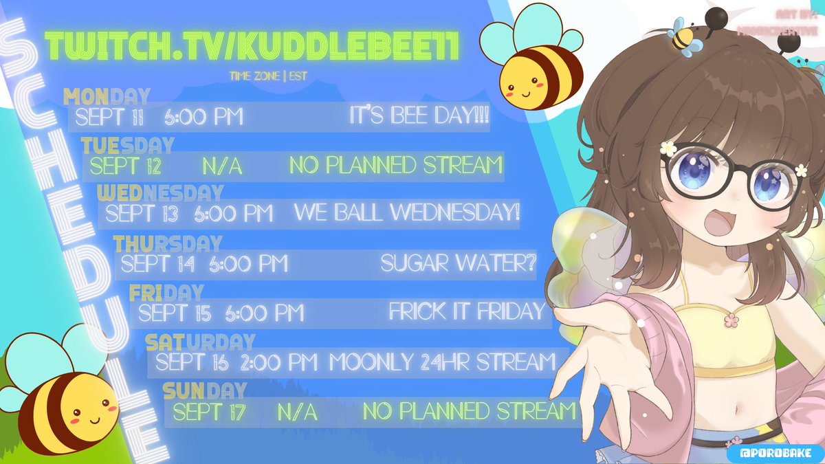 kuddlebee's tweet photo. GUYS LOOK AT THIS EPIC SCHEDULE @Moonly_VT PUT TOGETHER FOR ME!!!

GONNA BE LIVE MOST OF THIS WEEK AT 6PM EST!!

SATURDAY, MOONLY IS CELEBRATING 1K FOLLOWS WITH A 24HR STREAM AND WE ARE GONNA BE LIVE WITH HER AND THE WIVES!! 

COME HANG OUT!! 💗

#kuddlebee #VtubersEN https://t.co/LsYaZBikdb