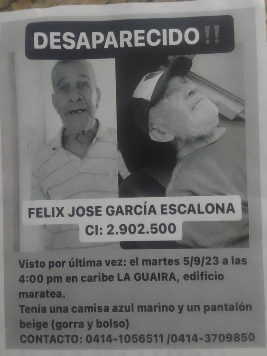 AlexaGomezDos's tweet photo. Buenas noches. El señor Félix es de Tanaguarena y se encuentra extraviado desde el martes 5 de septiembre. Por favor ayudemos  a difundir esta imagen, para ver si alguien lo reconoce y puede ayudarlo a volver a casa. Mil gracias 🙏🏼 #Vargas #LaGuaira https://t.co/BdDNcmemrt