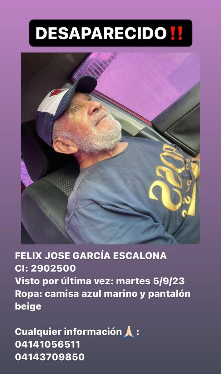 AlexaGomezDos's tweet photo. Buenas noches. El señor Félix es de Tanaguarena y se encuentra extraviado desde el martes 5 de septiembre. Por favor ayudemos  a difundir esta imagen, para ver si alguien lo reconoce y puede ayudarlo a volver a casa. Mil gracias 🙏🏼 #Vargas #LaGuaira https://t.co/BdDNcmemrt
