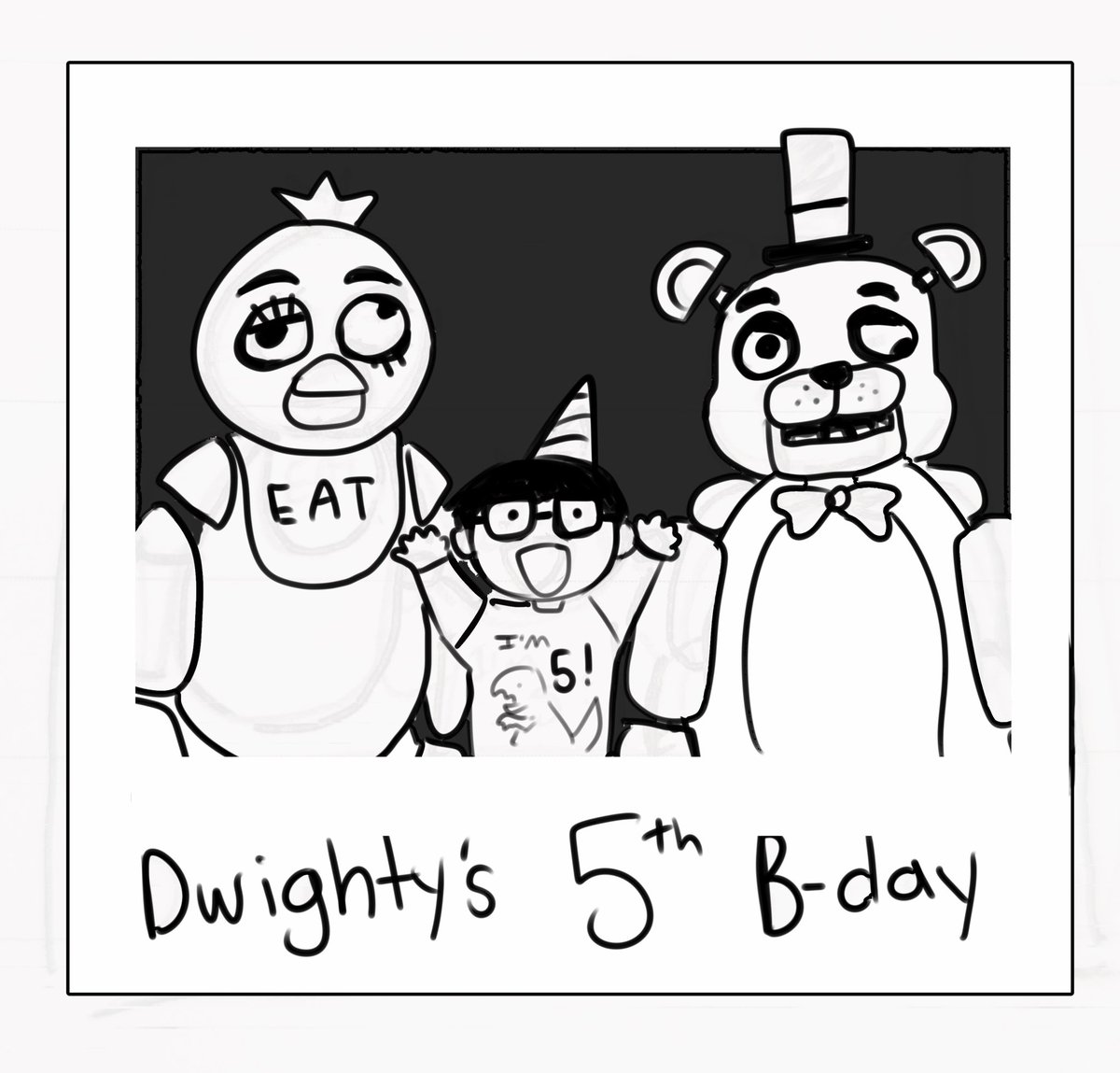 dwightyaoifield's tweet photo. wait last one but I forgot I was doing something with this. If fnaf comes to dbd I hope it’s revealed Dwight had like three birthdays at the pizzeria so it’s even funnier when he gets used as a sacrifice in the trailer https://t.co/mkW6rAsnXf