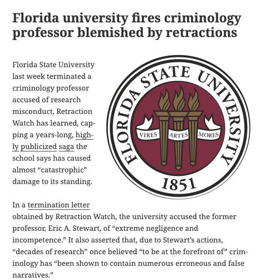 FreeBlckThought's tweet image. “essentially lynched me and my academic character”

So now-fired FSU Criminologist Eric Stewart describes the grad student who uncovered how he fabricated data in his publications on systemic racism in the criminal justice system.

Perpetrator casting himself as victim. Unreal.