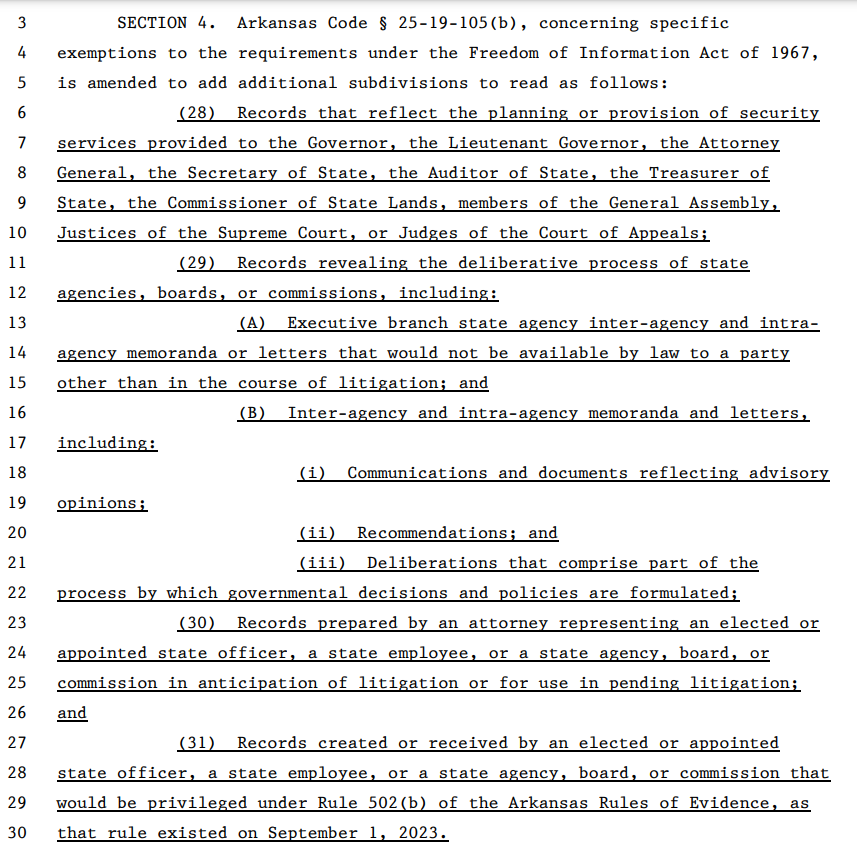 Mr_McGarrah's tweet photo. These are the exemptions they seek to add to weaken Arkansas FOIA. Someone care to explain how this is good for Arkansans? Sure seems like this adds a whole lot of secrecy to the way our government and government agencies will work.
https://t.co/2ifGJ766cG https://t.co/fwSmKV8QmK