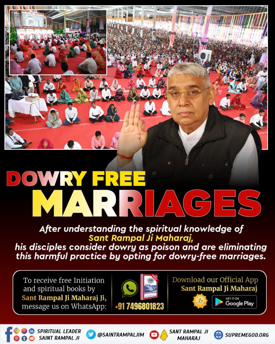 #GodMorningMonday
After understanding the spiritual knowledge of Sant Rampal Ji Maharaj, his disciples consider dowry as poison and are eliminating this harmful practice by opting for dowry-free marriages.#Marriage_In_17Minutes Dowry Free India.
#MondayMotivation