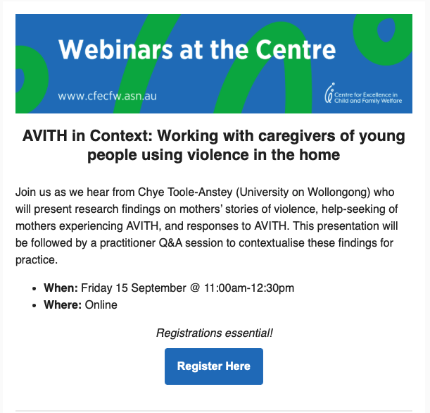 Join us as we hear from Chye Toole-Anstey #UOW who will present research findings on mothers’ stories of violence, and help-seeking. This presentation will be followed by a practitioner Q&A session - The link to register below protect-au.mimecast.com/s/tf-TCZY166h4…