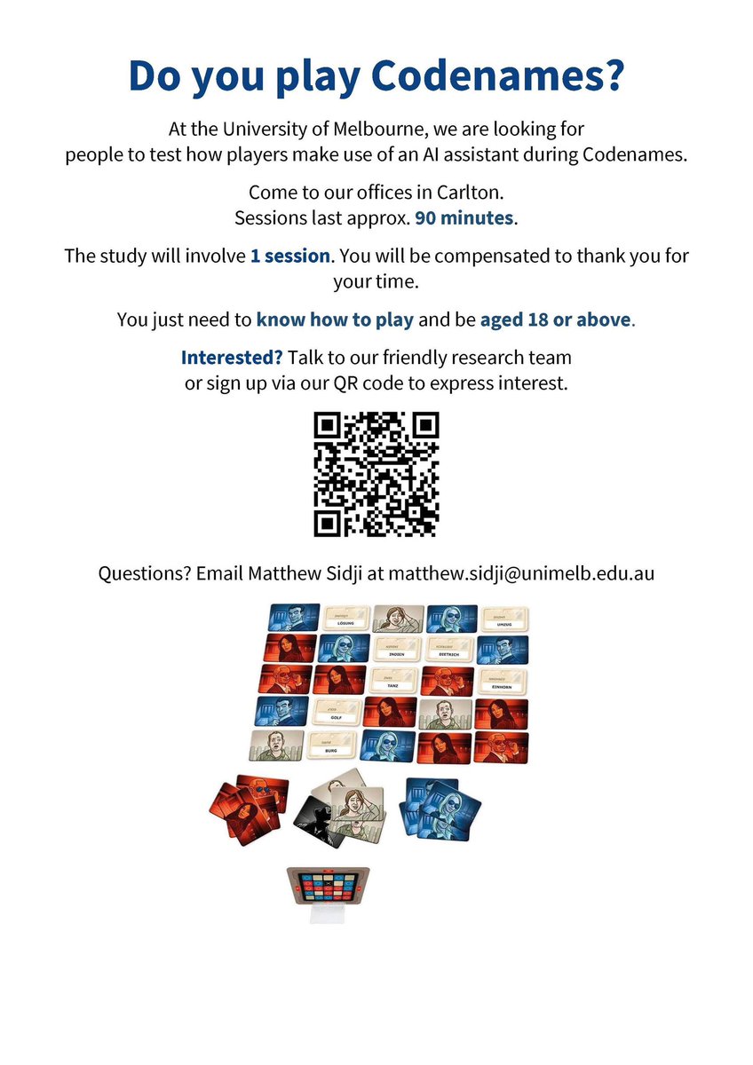 Do you or your friends play Codenames? Come participate in my study @ Uni Melb. There will be snacks. EoI in link below or QR code. melbourneuni.au1.qualtrics.com/jfe/form/SV_6f…