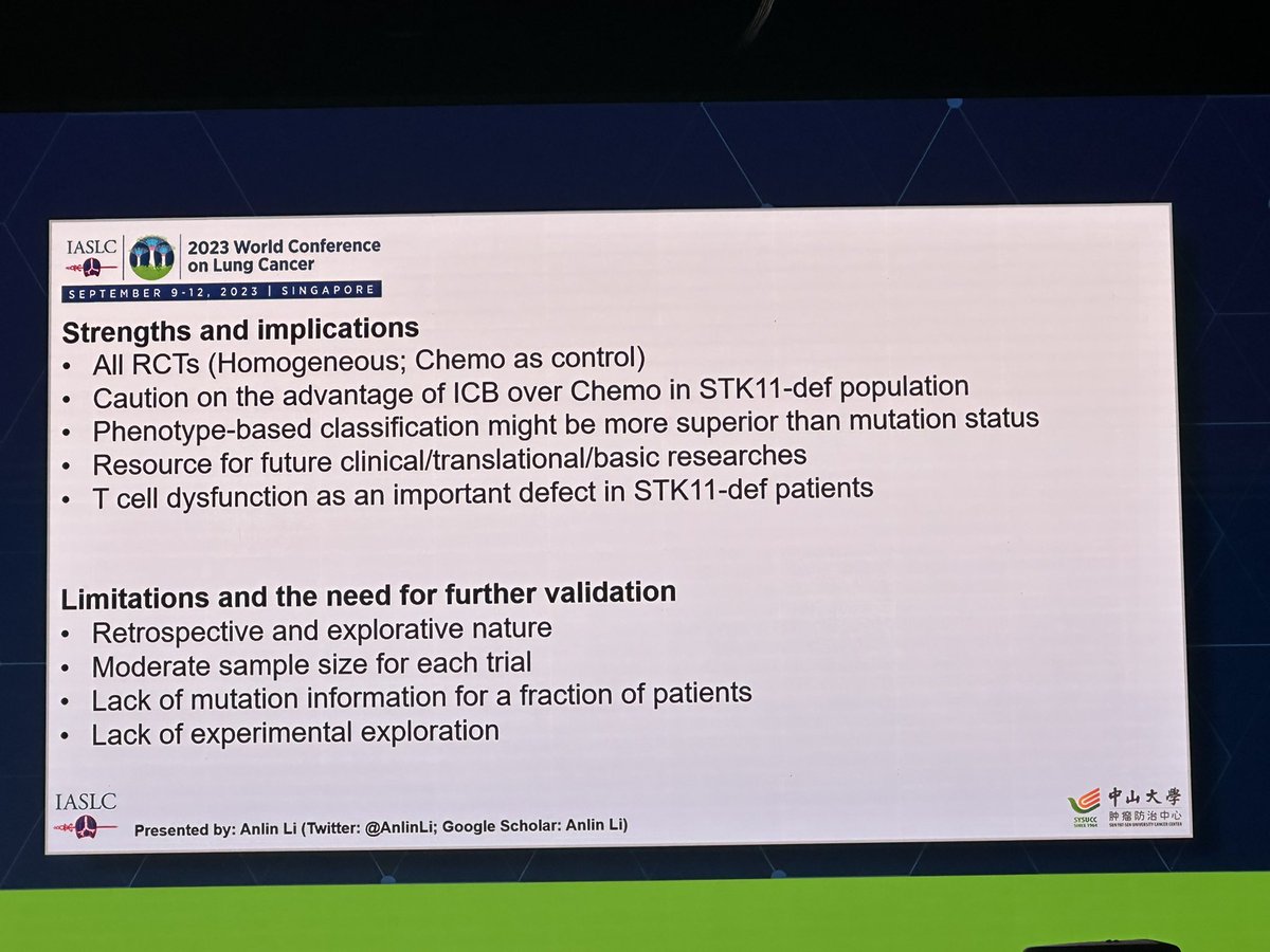 DrRiyazShah's tweet photo. Nice presentation by @AnlinLi showed STK11 deficient phenotype trumps mutation in in predicting poor outcomes from IO.  #WCLC23 https://t.co/9PxTSuPGGO