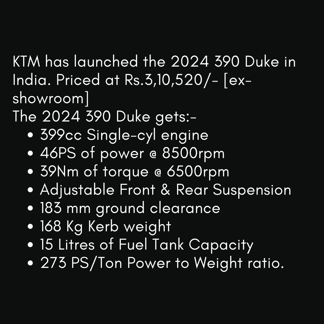 odmag's tweet photo. ➤15 Litres of Fuel Tank Capacity
➤273 PS/Ton Power to Weight ratio.

@ktm_india #Duke390 #KTM #newduke #MY2024 #ktm390duke #ktm #390duke #ktmindia #ktmfamily #duke390 #ktmduke390 #bikenews #launch #comingsoon #2wheels #overdrive https://t.co/suKZxYQiiM