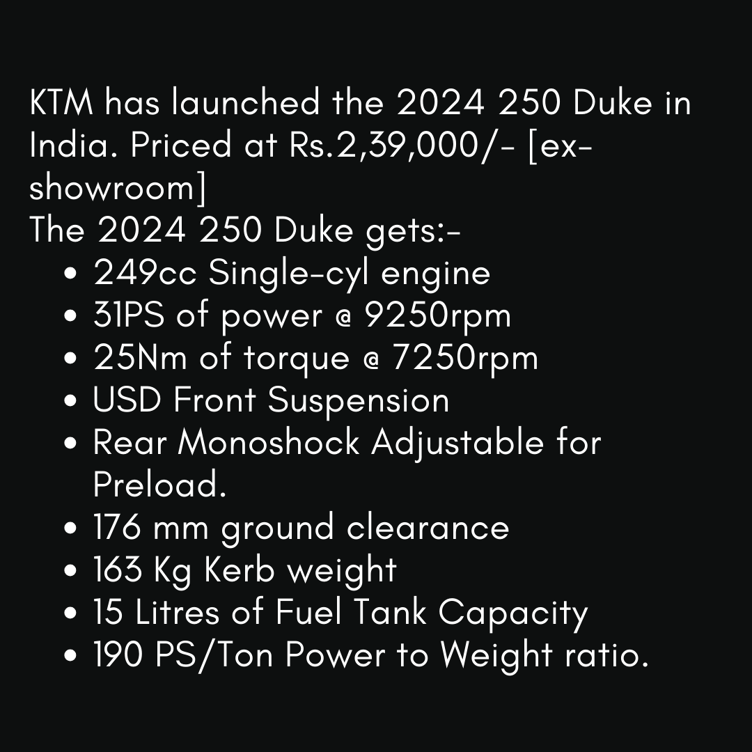 odmag's tweet photo. ➤176 mm ground clearance
➤163 Kg Kerb weight
➤15 Litres of Fuel Tank Capacity
➤190 PS/Ton Power to Weight ratio.

@ktm_india #Duke250 #KTM #newduke #MY2024 #ktm250duke #ktm #250duke #ktmindia #ktmfamily #duke250 #ktmduke250 #bikenews #launch #comingsoon #2wheels #overdrive https://t.co/3ei1ch7uxf