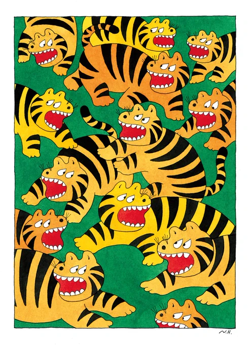 Tigers on velvet green.