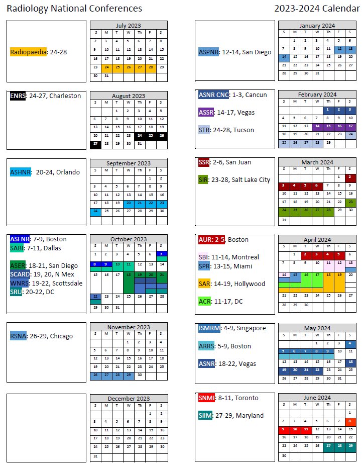 2023-2024 Radiology Conferences: year-at-a-glance For those of you who like to plan ahead I put together a list of the major radiology conferences happening in the US this upcoming academic year. Here’s to reconnecting ! #BackToSchool #radres