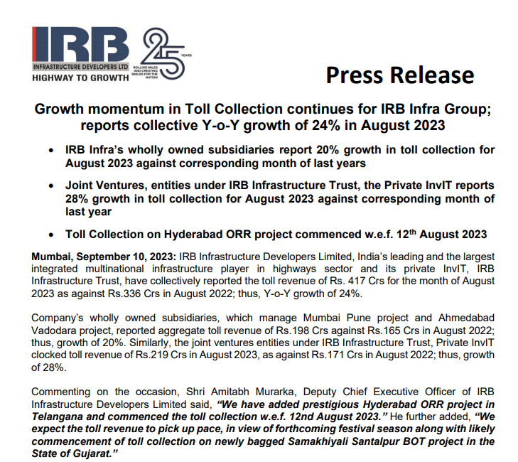 BE_Bazaar's tweet image. #IRBInfrastructureDevelopers  का अगस्त महीने में पिछले साल के मुकाबले मुनाफा 24%  बढ़ा 

#StocksInFocus #StocksInNews #StocksToWatch #BSE #NSE #StockMarket #Bazaar #BharatExpressBazaar