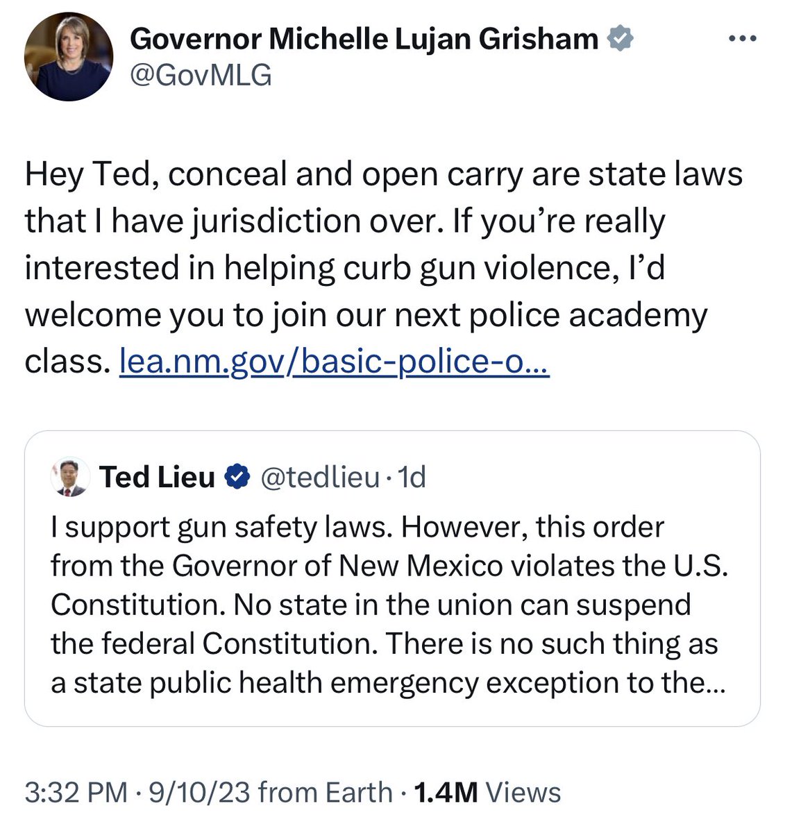 Do you think @GovMLG could pass the academy as well as physical, mental, and polygraph to become an officer? This is her response to flak from her own party. #nmpol