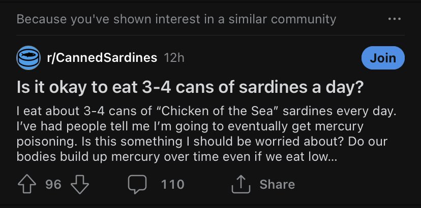 SLGdotPDF's tweet image. Absolutely enthralled that Reddit would recommend this to me. I have no idea what “similar community” this would be based on but I do, in fact, love sardines