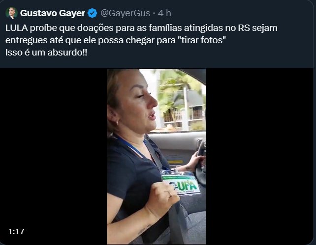 ReinaldoOliv's tweet photo. O deputado federal Gustavo Gayer (PL-GO) compartilhou um vídeo alegando que as doações para as vítimas das enchentes no Rio Grande do Sul foram paralisadas para aguardar a chegada do presidente Luiz Inácio Lula da Silva (PT), que está na Índia. No entanto, essa afirmação é falsa e não tem base em fatos reais. Espalhar desinformação é prejudicial e irresponsável. A verdade deve prevalecer, especialmente em momentos de crise. Pedimos responsabilidade na disseminação de informações e que se verifique a veracidade dos fatos antes de compartilhar qualquer notícia.  #CombataFakeNews 📢🚫
https://t.co/hIse8j3ZxY

https://t.co/Fm9hOAFjrw