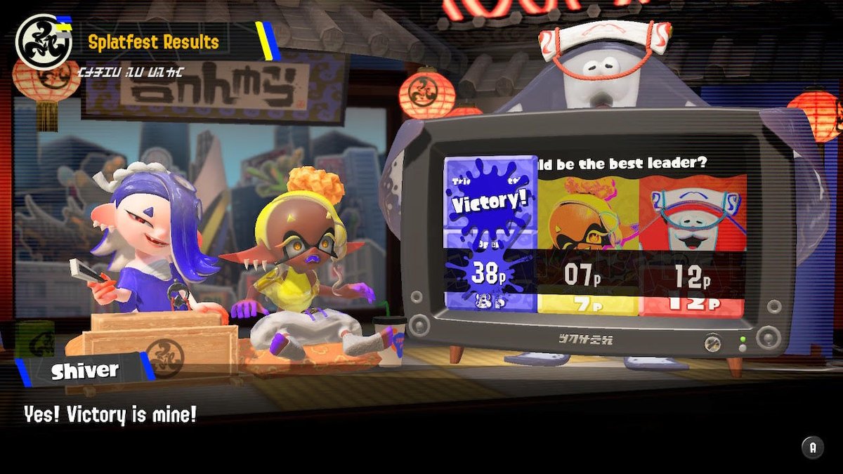 SRL Results Dept. reporting in on the...results of the first-anniversary Splatfest. Who would be the best leader among Shiver, Frye, and Big Man? Congrats to Team Shiver! 

And remember—we're ALL winners when it comes to Super Sea Snails. Don't forget to pick yours up! #Splatoon3