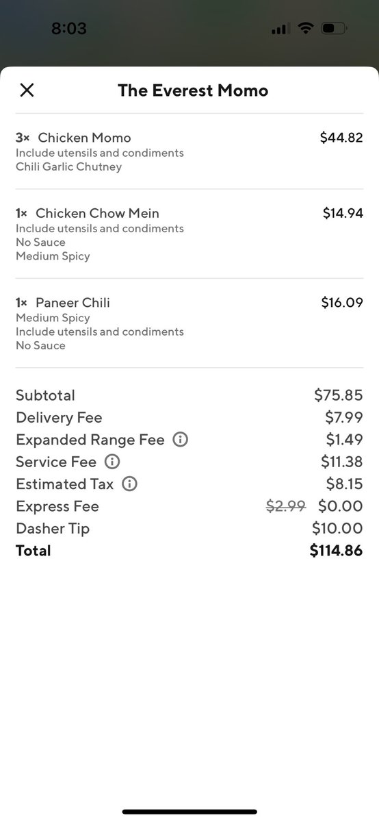 SantanuOrSD's tweet photo. Same order via @DoorDash vs direct order to Resturant - DoorDash is 72% more expensive. Too much premium vs. the value delivered in return, while they are still a loss making company!!! https://t.co/OWjxxofxAm