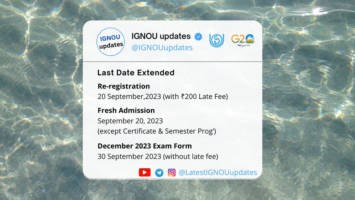 UpToDateIGNOU's tweet photo. The last date for Re-Registration &amp; Fresh Admission for the July 2023 session has been extended till 20th September 2023.@OfficialIGNOU 
Re-registration Portal- https://t.co/kkvZo5ST5N  
New Admission- https://t.co/4OqV91EINN
IGNOU updates- https://t.co/6njIIbPMuf https://t.co/vOrsjmItW8