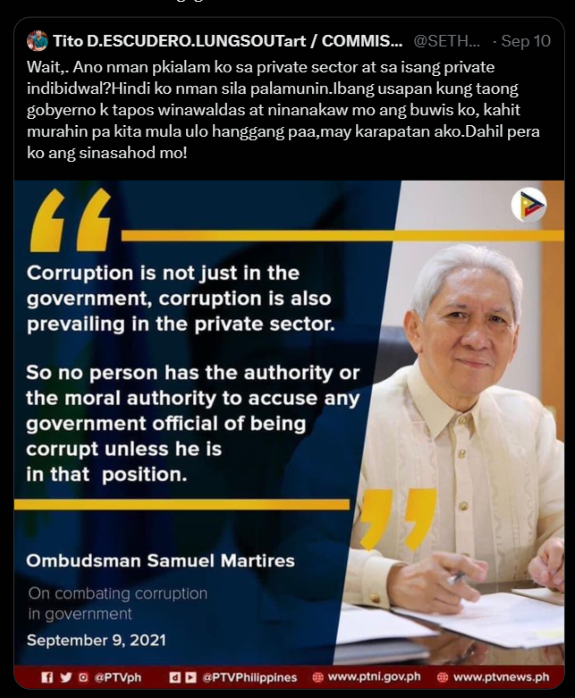 frustratedDoe's tweet photo. #sipsip #HimodPwet #balimbingPH #DISinformationPH ?
{ 
name_fms : 'Samuel/Reyes/Martires', occupation:  [ '#lawyer', #governmentOfficial', '#appointee', '#ombudsman'],
} #ESG #esgPH 

https://t.co/yetS249mmt https://t.co/9zpHP0r4AI