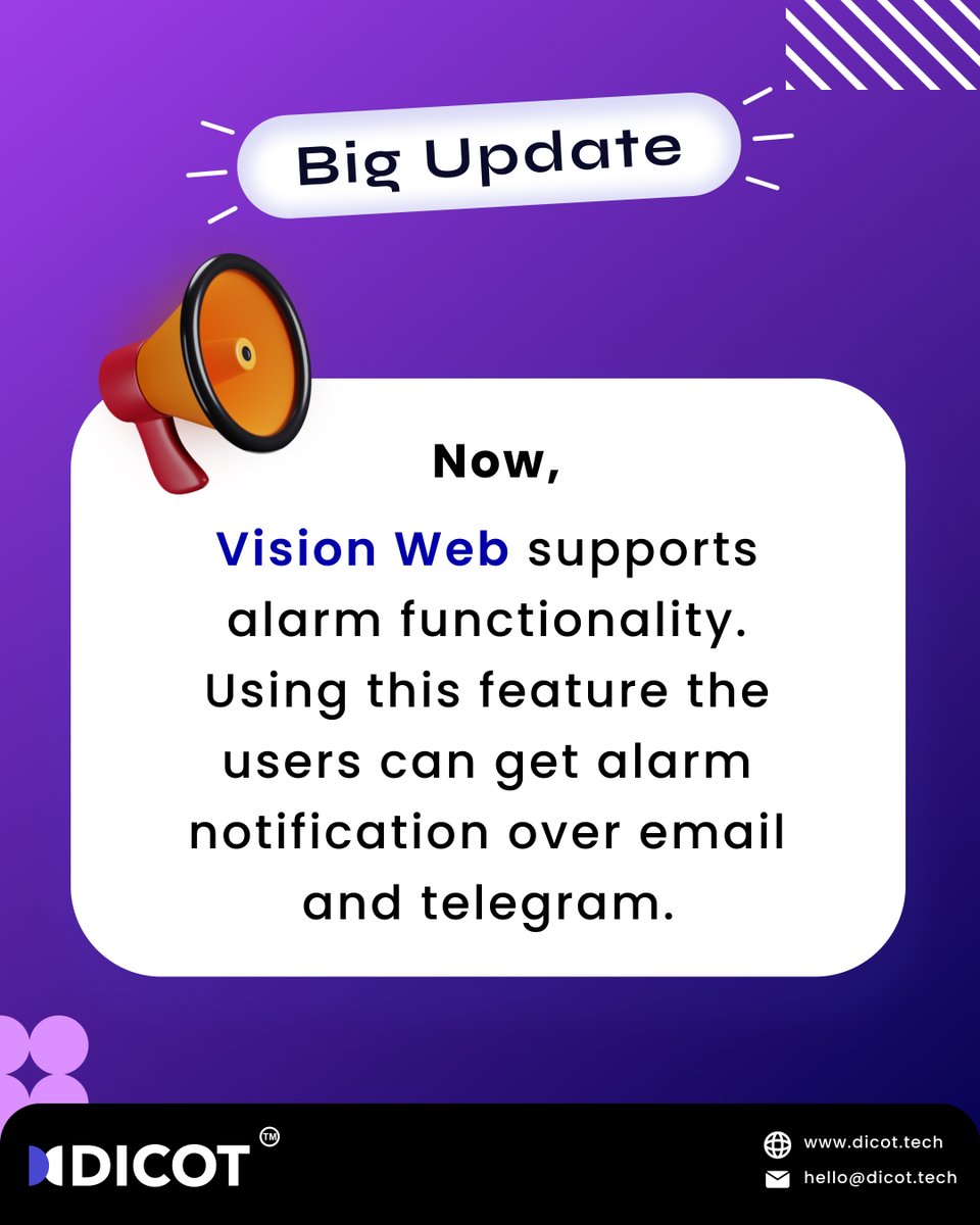 dicot_tech's tweet photo. We're excited to announce that Vision Web now supports alarm functionality! Get notified of alarms on your email and Telegram.
#alarm #alarmfunction #visionweb #dicot #features #update #featureupdate #newfeature #email #telegram
https://t.co/Ay2rCzN2Yn
E: hello@dicot.tech https://t.co/A7AecUHs7x