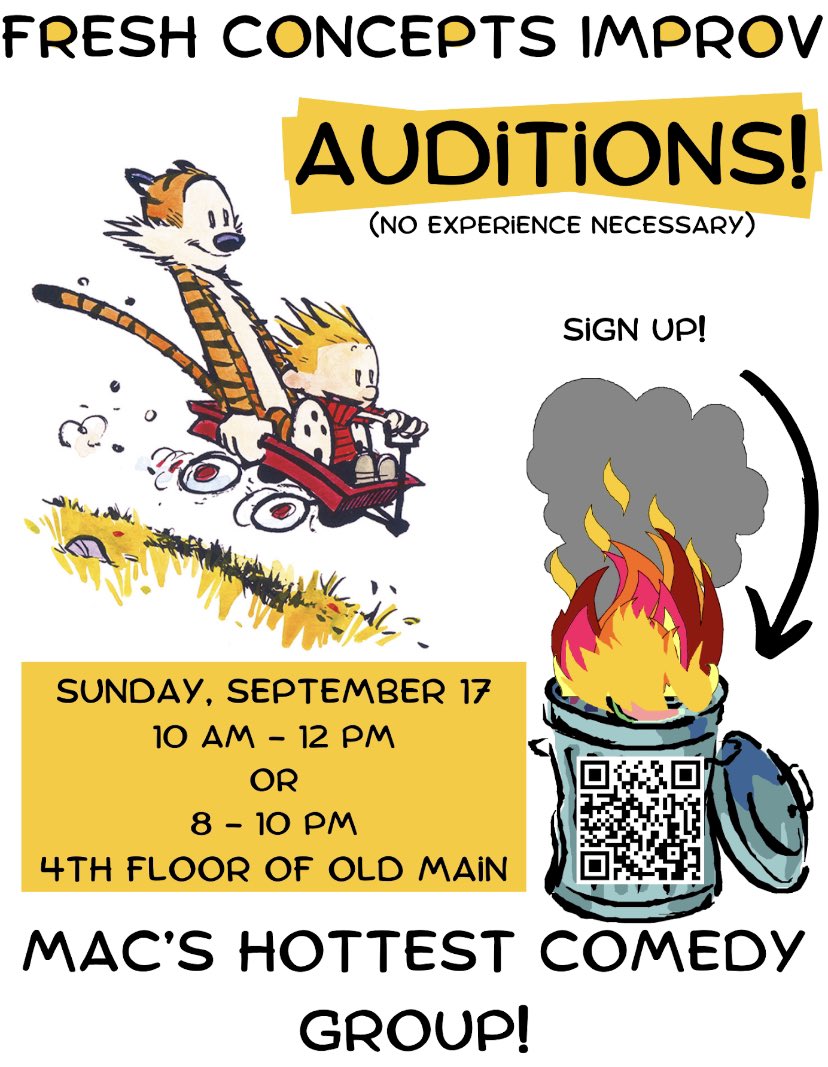 FCimprov's tweet photo. The smell of lost first years is in the air, which means only one thing: a new year of Fresh Concepts Auditions!! Whether you think you’re funny and want others to know it to, or you just want to have a fun time, come to old main 4 on Sunday the 17th and you’ll be satisfied😈 https://t.co/qpm7F2a6hr