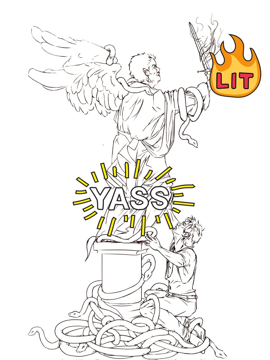 pensdread's tweet photo. line art! #GoodOmensFanArt #GoodOmens2 too lazy to write my name on it so pardon the stickers https://t.co/BpkG0sZAvL