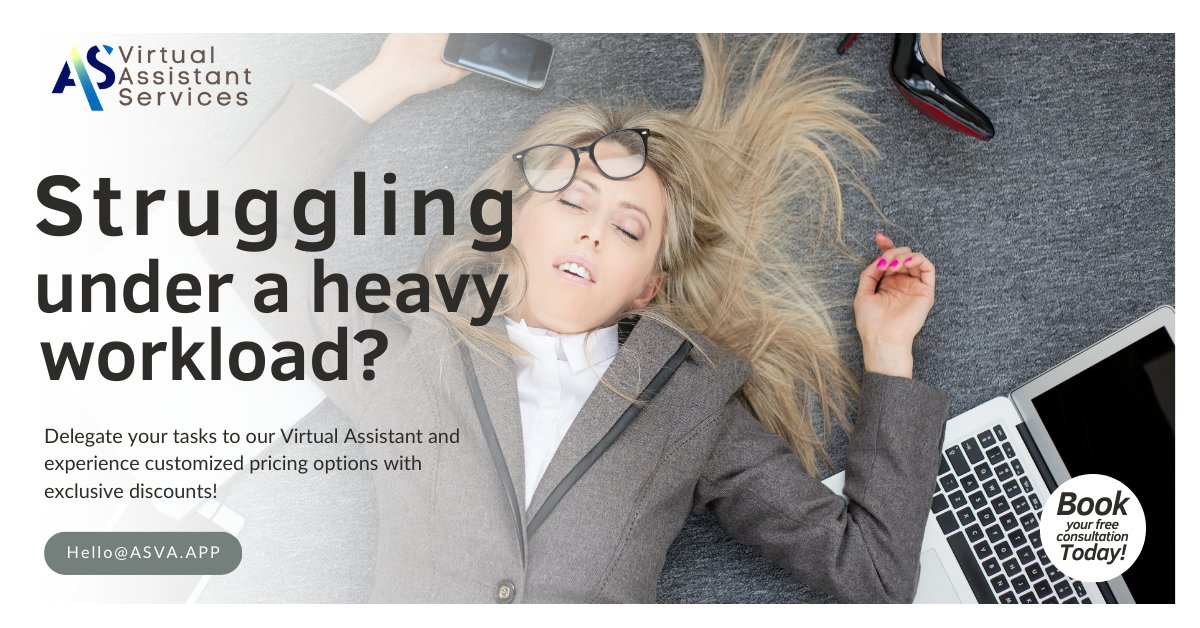 ASVA2023's tweet image. Feeling Overwhelmed by Your Workload?

It&apos;s Time to Delegate Tasks and Lighten the Load! 💪

Schedule a Free Consultation:
calendly.com/asvameet
Email us:📩hello@asva.app

#DelegateForSuccess #WorkloadRelief #BusinessBoost #SuccessJourney #business #VA #startup #ASVA #WorkSmart