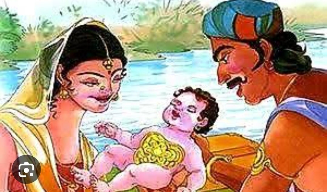 Stressed Kunti puts that child in the basket & leaves him in the river with tears in her eyes. Basket kept flowing in the river & somehow reached to Hastinapur. Where Adheerath (Charioteer) who was taking bath in the river, saw it. He takes child home & names him as KARNA. 