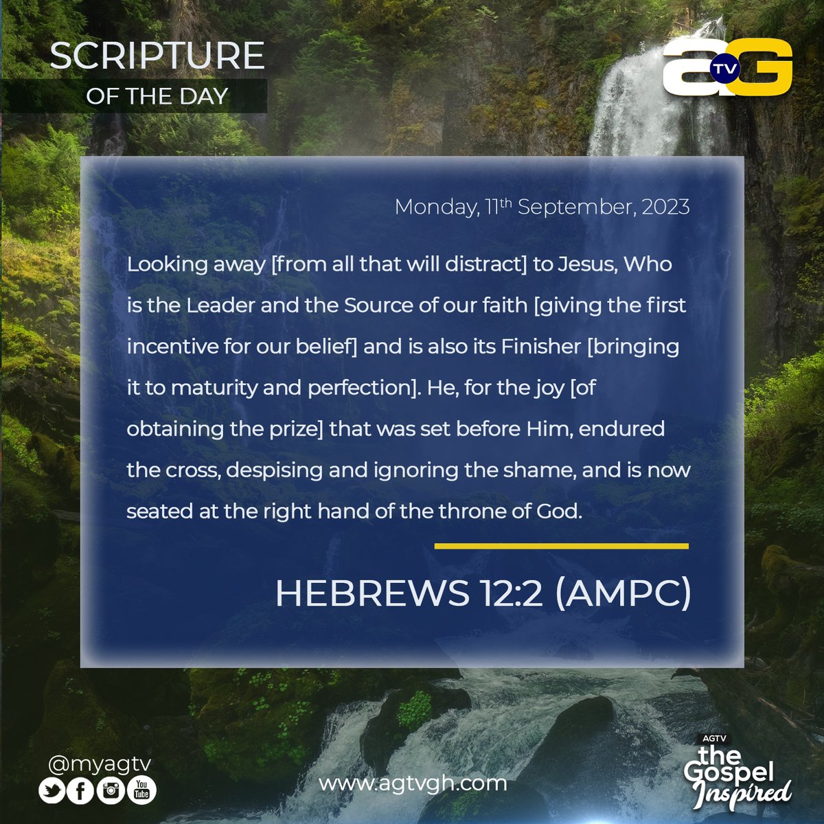 myagtv's tweet photo. Have the unquenching desire to honour God, serve Him, and let His life shine through you so that others may have confidence in Jesus as their Lord.

#myagtv #AGTV #Ghana #TheChristianLife #BibleStudy #TransformationAgenda https://t.co/TjCYnr2MXX