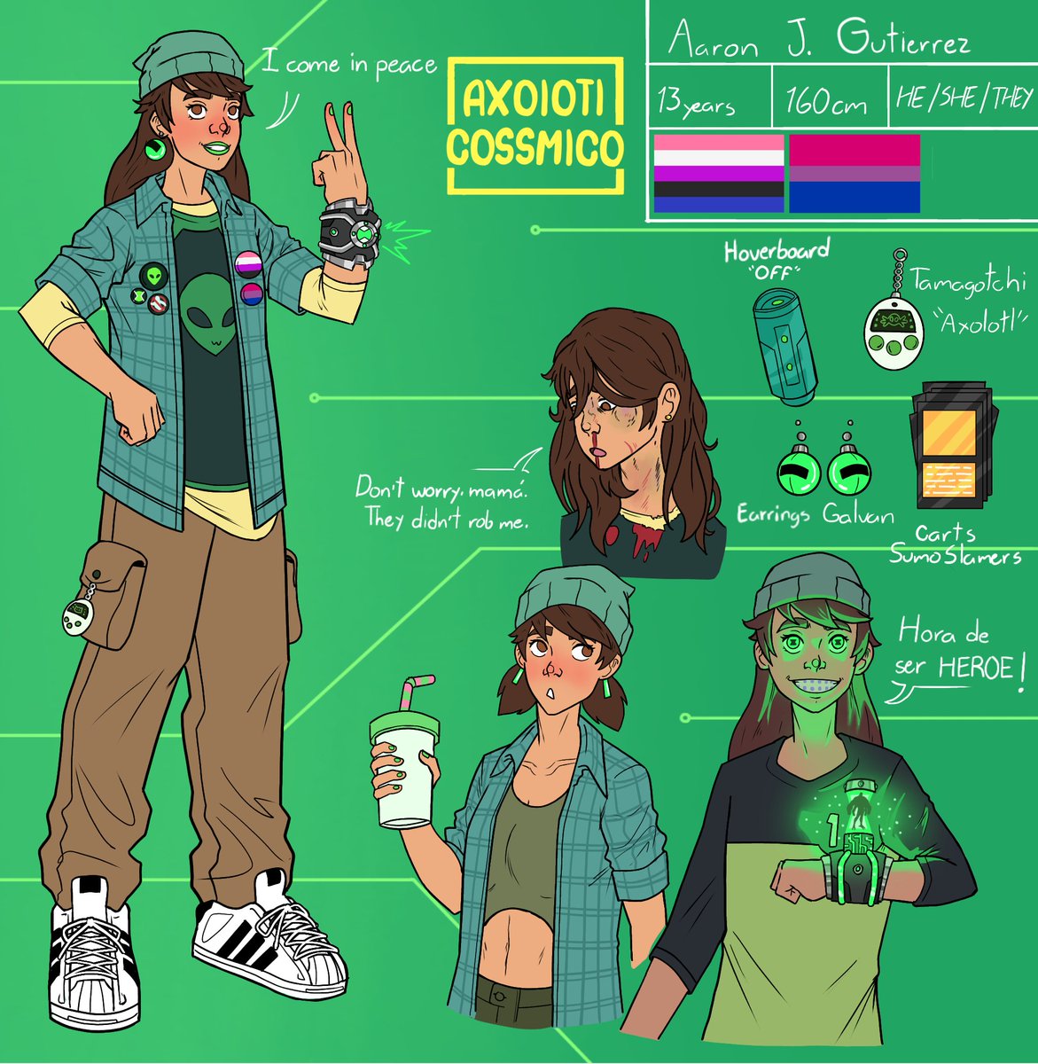 axolotl_cos5's tweet photo. I wasn't completely satisfied with the previous version, so here's a new version of my #Ben10 oc, Aaron 13.

He was a completely "normal" boy, with no connection to aliens, until two months ago when he found the watch.  Which also gave powers to his two best friends. https://t.co/DmntYuQjMZ