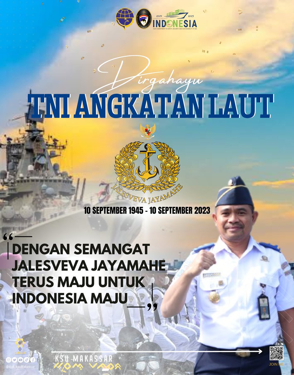 Keluarga Besar Kantor Kesyahbandaran Utama Makassar mengucapkan Dirgahayu TNI Angkatan Laut 'Dengan Semangat Jalesveva Jayamahe Terus Maju untuk Indonesia Maju' 

#DJPLKemenhub151 #BekerjaDenganHati #HospitableSpirit #Kemenhub #PerhubunganLaut #SMRTSybMks #SMRTHublaPastinya