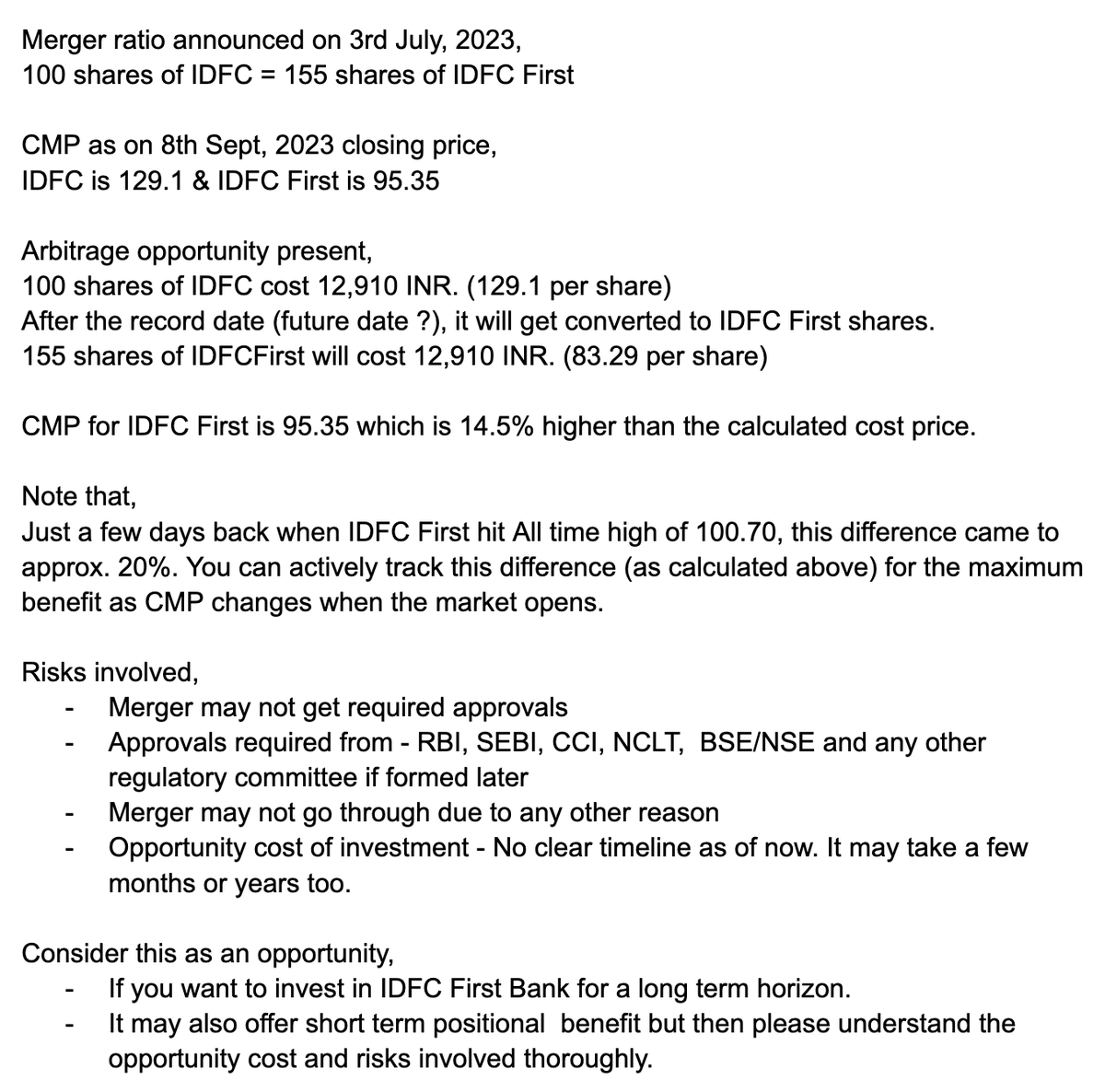 MJVegad's tweet photo. Arbitrage opportunity in IDFC-IDFCFirst !   

#idfcFirst #IDFC #IdfcFirstBank #Arbitrage #investing 
Disclaimer: This is no buy/sell/hold recommendation on any stock. The purpose here is sharing useful information to the larger audience. Invested and Biased. Cheers. :) https://t.co/UU8TajvhJs