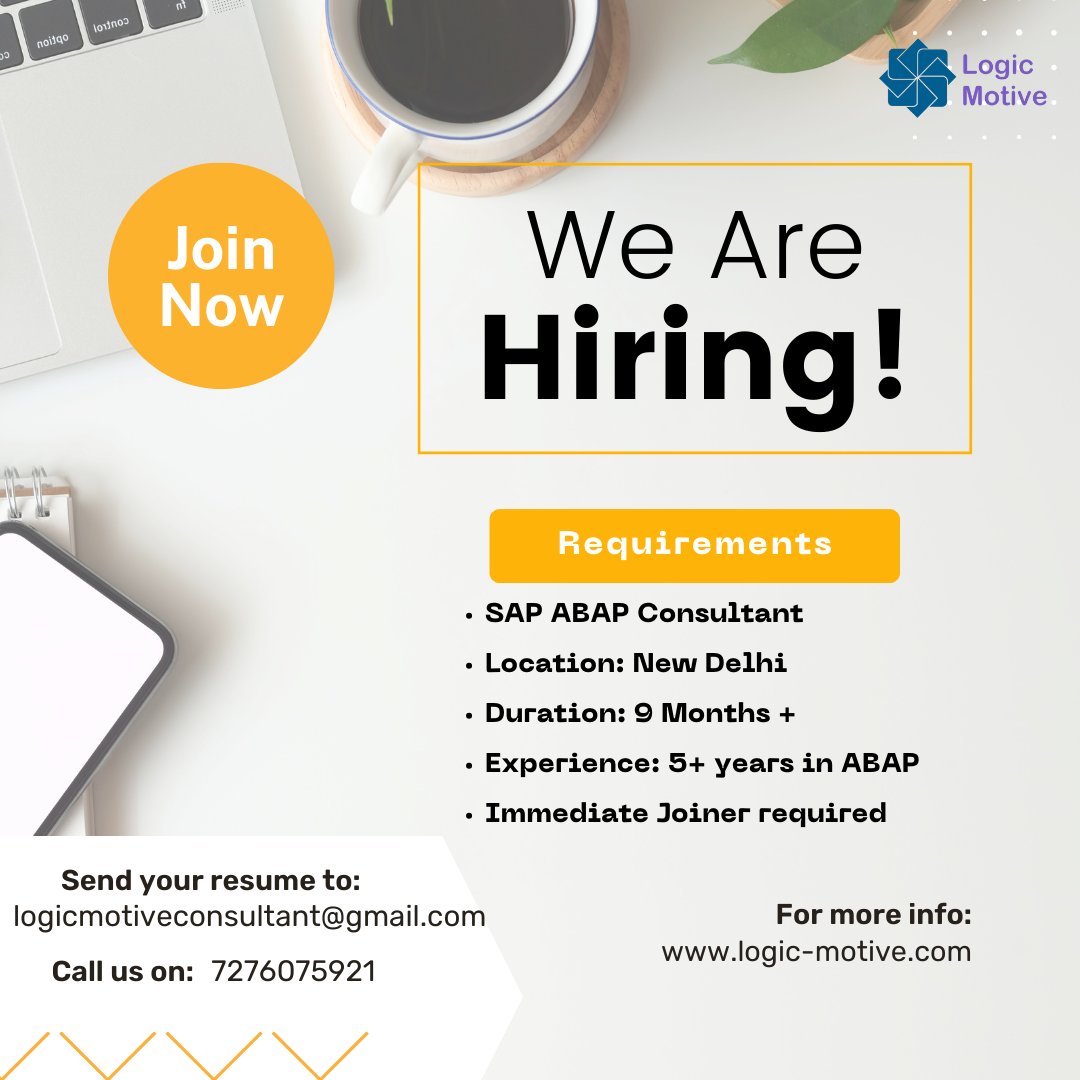 LogicmotiveC's tweet image. 🌟 Job Opportunity - SAP ABAP Developer 🌟 Location: New Delhi Duration: 8-9 Months Experience: 5-6 Years 👇 Check out the details below! #SAPJobs #ABAPDeveloper #NewDelhiJobs