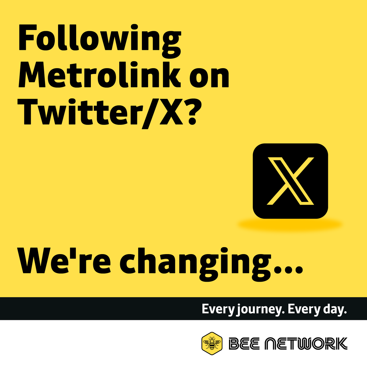 Manchester Metrolink π (@mcrmetrolink) on Twitter photo From 18th September this account will no longer be active.
For assistance with your tram journey from this date you will need to follow and contact the new Bee Network account - <a href="/officialtfgm/">Bee Network</a> will be switching so make sure you're following.
Say Yellow to the #BeeNetwork! From 18th September this account will no longer be active.
For assistance with your tram journey from this date you will need to follow and contact the new Bee Network account - <a href="/officialtfgm/">Bee Network</a> will be switching so make sure you're following.
Say Yellow to the #BeeNetwork!