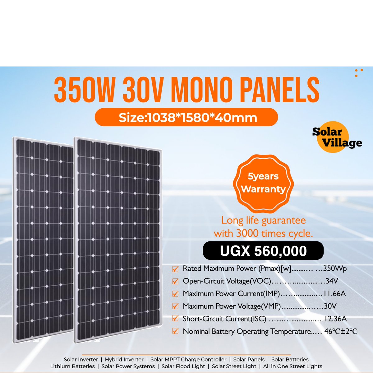 🏆 Quality Meets Affordability:

Monocrystalline Silicon Solar PV Panels
350W 30V for UGX 560,000

Elevate your energy standards.

☎️ 0778 815 234 | 0757 083 975
#SolarQuality #AffordableEnergy