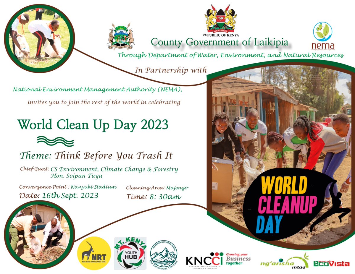 It's our solemn duty and obligation to ensure that we live in a clean ,healthy and conducive Environment. @NGMtaa031 in partnership with NEMA and the National Government invites you to WORLD CLEAN UP DAY that will be cl held here in Laikipia. #ClimateActionNow #Youth4climate031