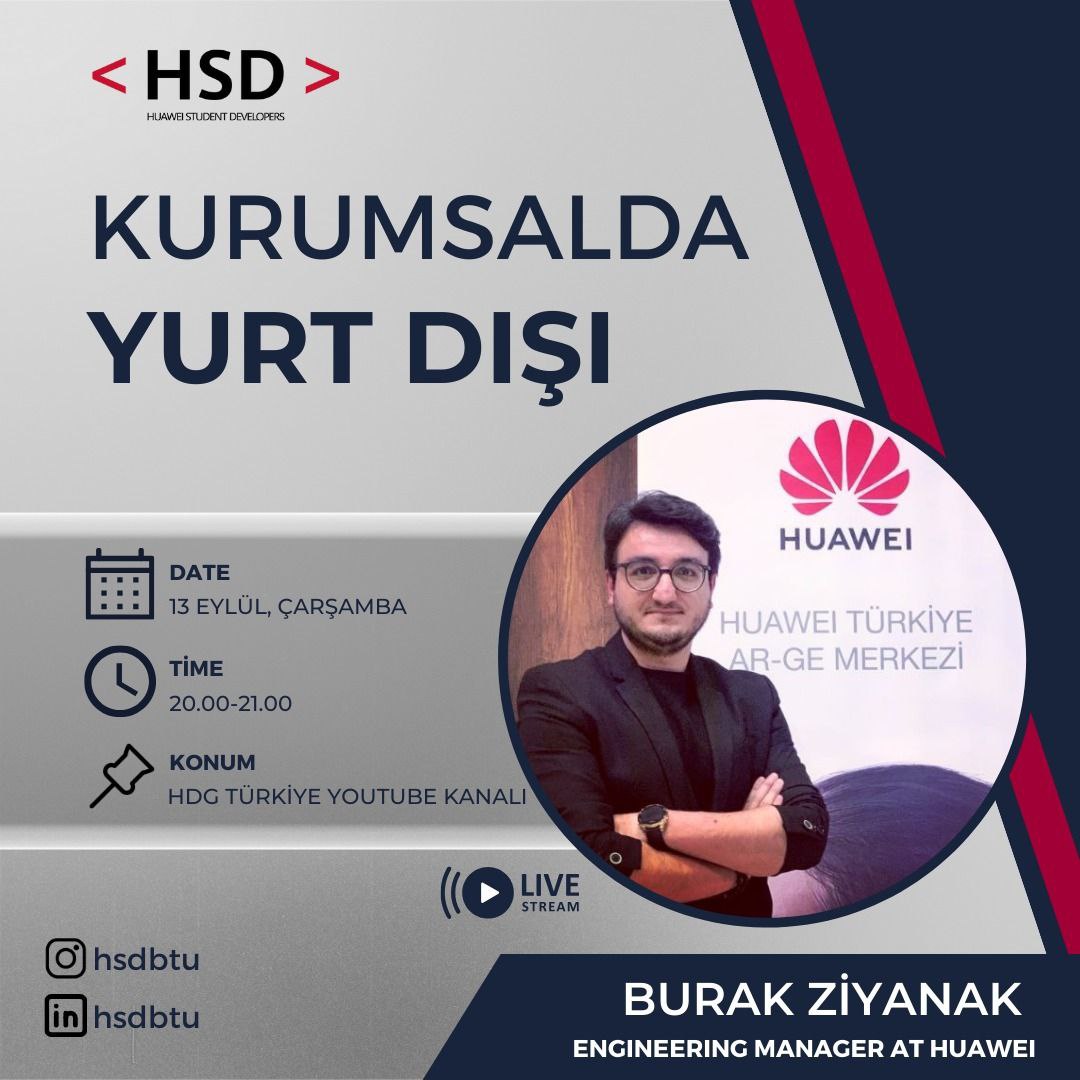 Herkese Merhaba🥳
🚀"Kurumsalda Yurt dışı"! Huawei DevRel Ekibi'nden Doğan Burak Ziyanak, yurt dışında çalışmanın ve seyahat etmenin püf noktalarını ve ayrıntılarını bizlerle paylaşacak.
📆Tarih: 13 Eylül, Çarşamba
⏱️Saat: 20.00
📌Konum: HDG Türkiye Youtube Kanalı Canlı